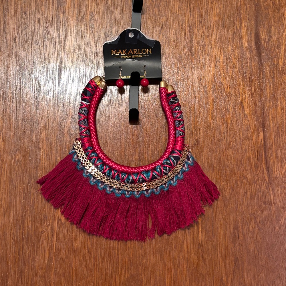 Burgundy Fringe Necklace and Earring Set western ethnic global